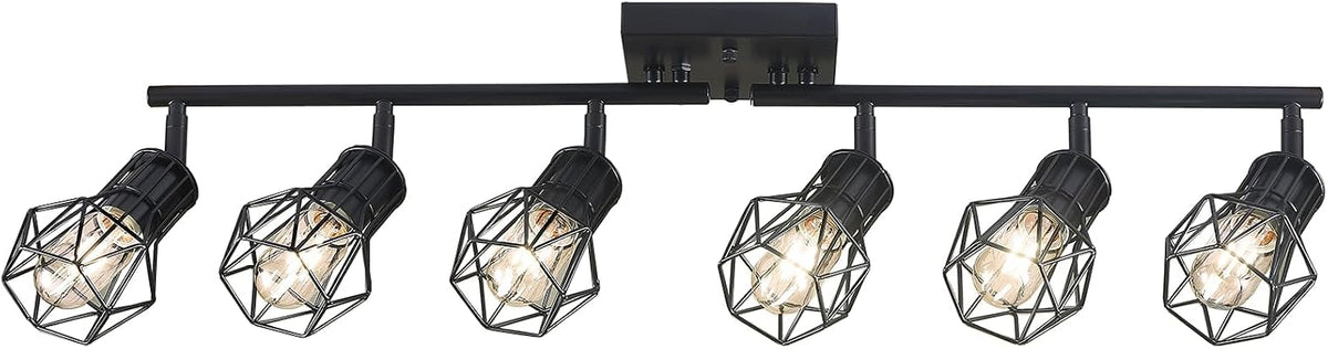 Matte Black Ceiling Mount Track Lighting 6-Light E26 for Kitchen | Matte Black 6-Light Farmhouse Track Lighting, Metal Cage, Adjustable Heads, E26 Base for Kitchen Bathroom Living Room