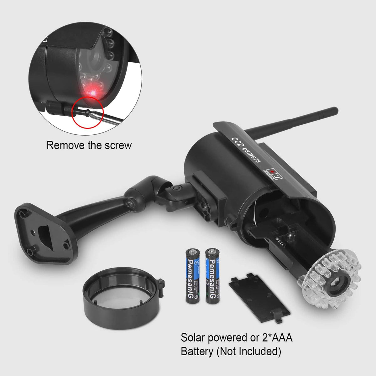 BNT Solar Powered Fake Security Camera, Bullet Dummy Security Camera Simulated Surveillance System with Realistic Red Flashing Light Sensor and Warning Sticker for Indoor/Outdoor(2Pack, Black)
