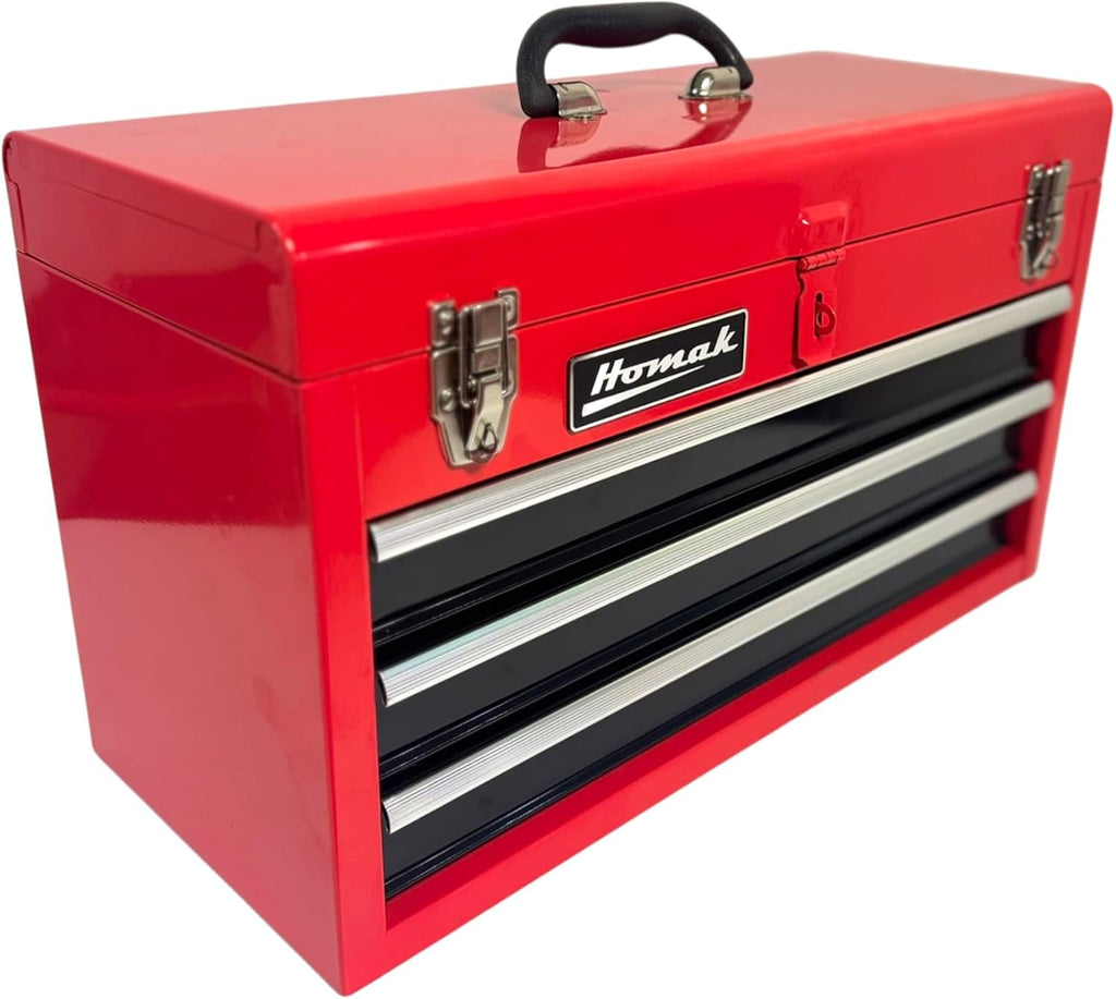 Homak Metal Tool Box, 20-inch, Portable Tool Box with 3 Drawers, Small Tool Chest with EVA Liners, Ball Bearing Slide Drawers Locking & Gloss Finish, Multi-Function Tool Organizer