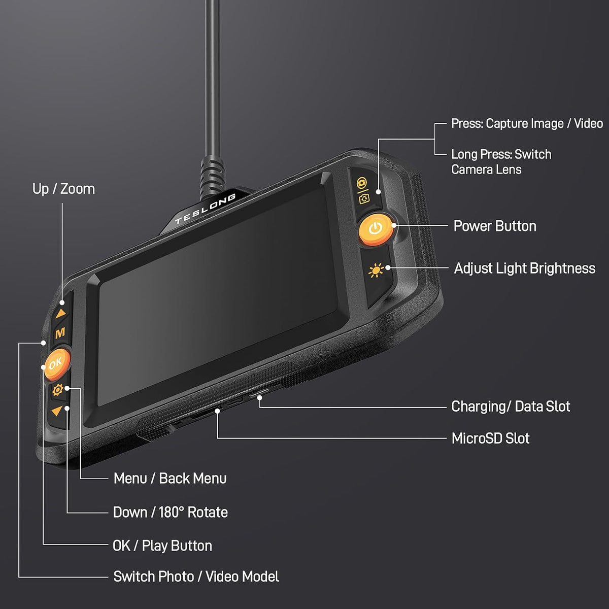teslong dual lens borescope with light for automotive, front angle view