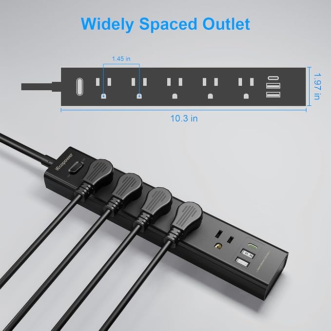10FT Long Surge Protector Power Strip-with 5 Widely Outlets and 3 USB Ports (2 Pack)