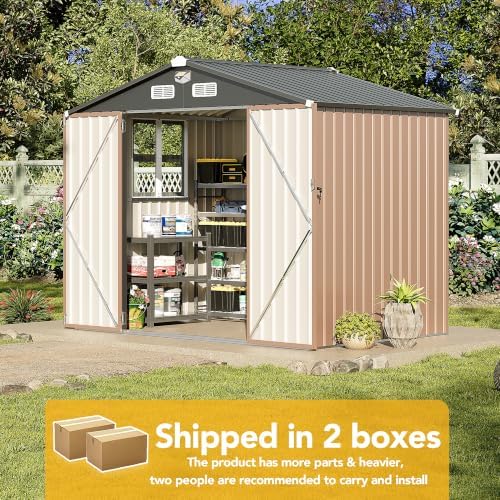 8x6FT Outdoor Storage Shed, Tool Shed with Sloping Roof and Lockable Door, Galvanized Metal Shed for Backyard Garden Patio Lawn, Brown1