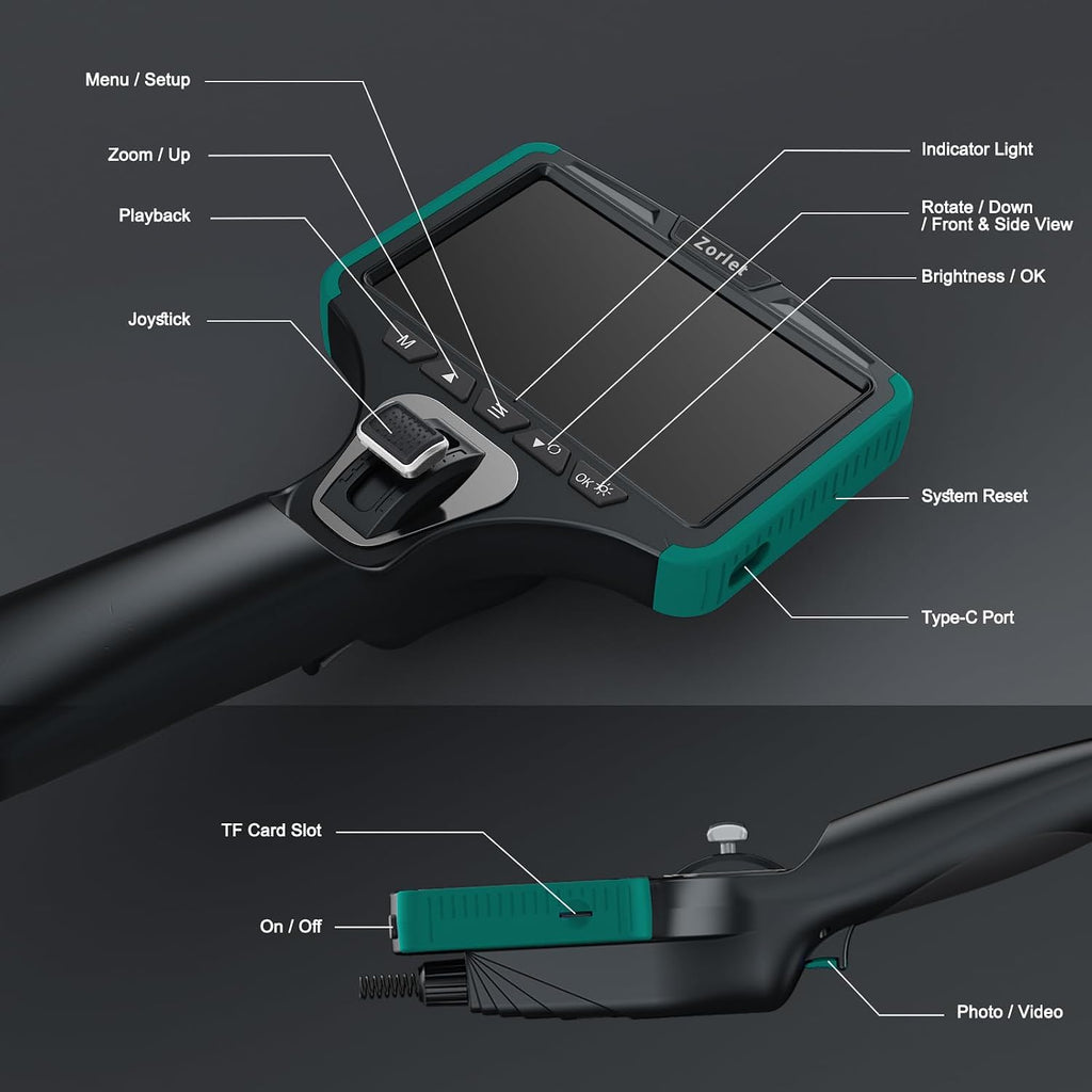 2-way articulating borescope, 0.25in/6.3mm probe, 5" screen, 5ft, front angle view