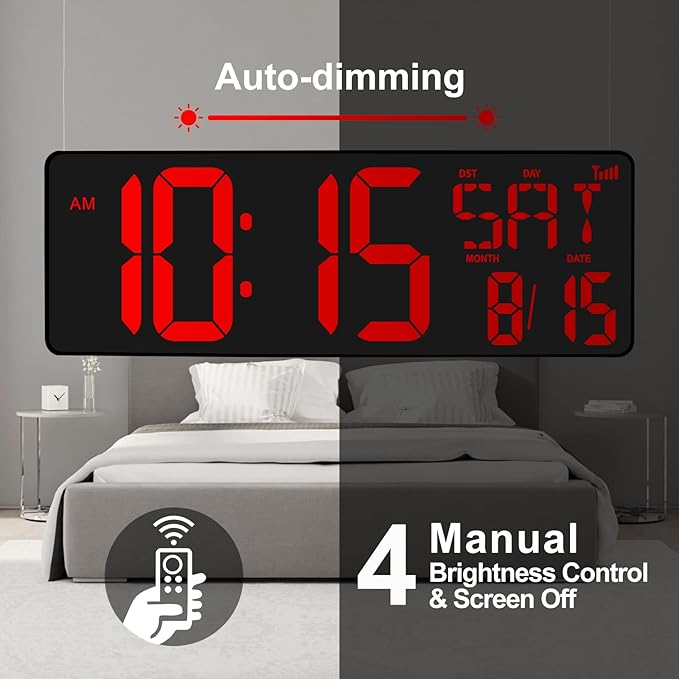 XREXS Large Digital Wall Clock WiFi Sync, 16.5 in Large Display Wall Clock