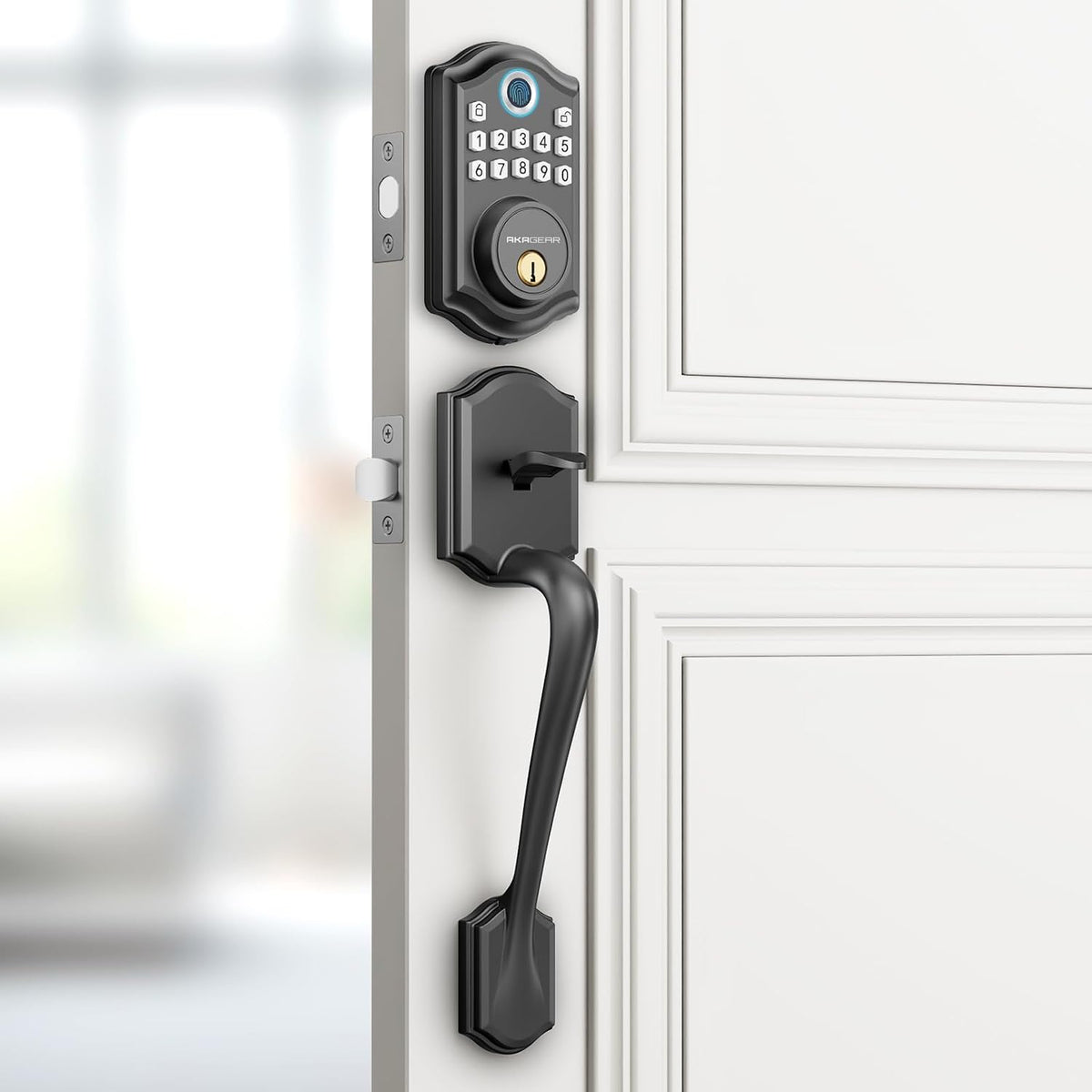AkaGear DS10 Fingerprint Keypad Door Lock with Handle Set, Matte Black