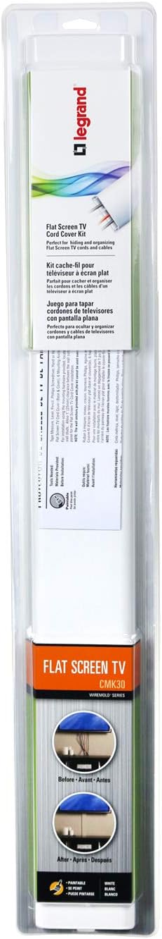 Legrand Wiremold CMK30 30 Inch Flat Screen TV Cord Cover Kit, Organizer for Wall, Holds Up to 10 Cords or Cables, White (1 Pack)