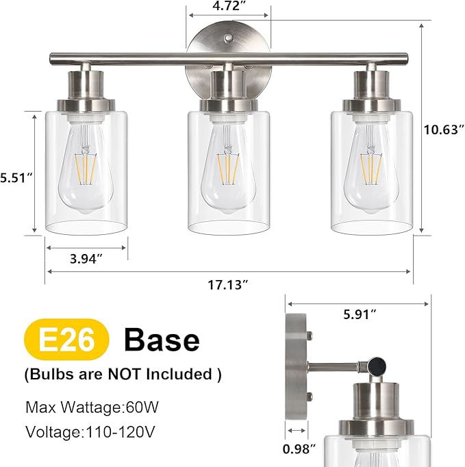 Unicozin 3 Light Vanity Lights, Brushed Nickel Wall Sconce Light