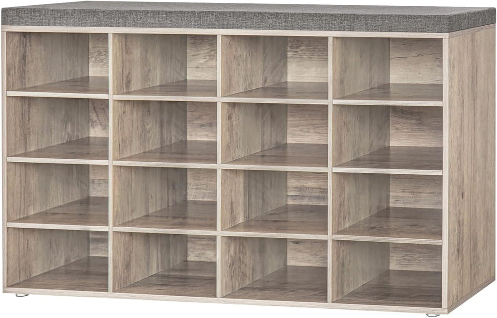DINZI LVJ Shoe Storage Bench with Cushion, 16-Cubby Shoe Rack with Seat