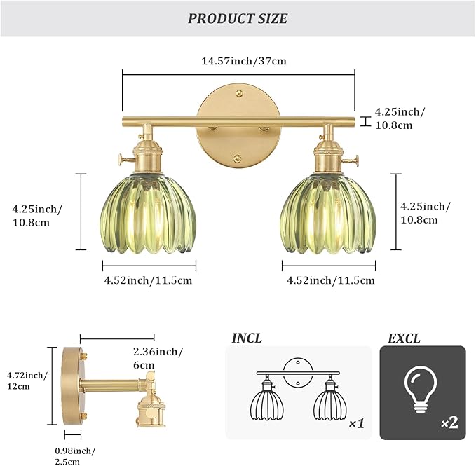 Shenmoyl Bathroom Light Fixtures, 2-Light Brass Vanity Wall Light Over Mirror