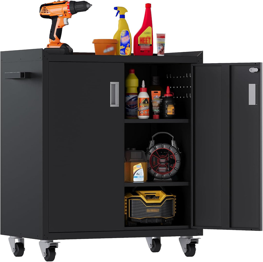 Washsemba Metal Garage Storage Cabinet with Wheels ，Lockable Rolling Tool Chest on Wheels, Utility Cabinet for Home, Office, Garage and Workshop(Black)