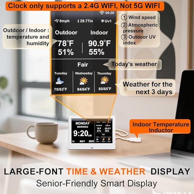 2025 Digital Clock with Weather Forecast & Temperature/Humidity Large Display
