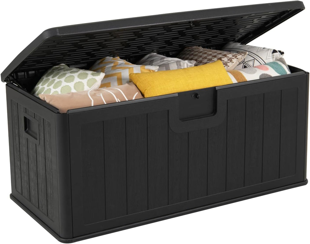 GIANTEX 100 Gallon Deck Box, Waterproof Resin Box with Lockable Lid, 440Lbs Outdoor HDPE Storage Container Bench for Patio Furniture Cushions, Pool Tools & Garden Accessories (Black)