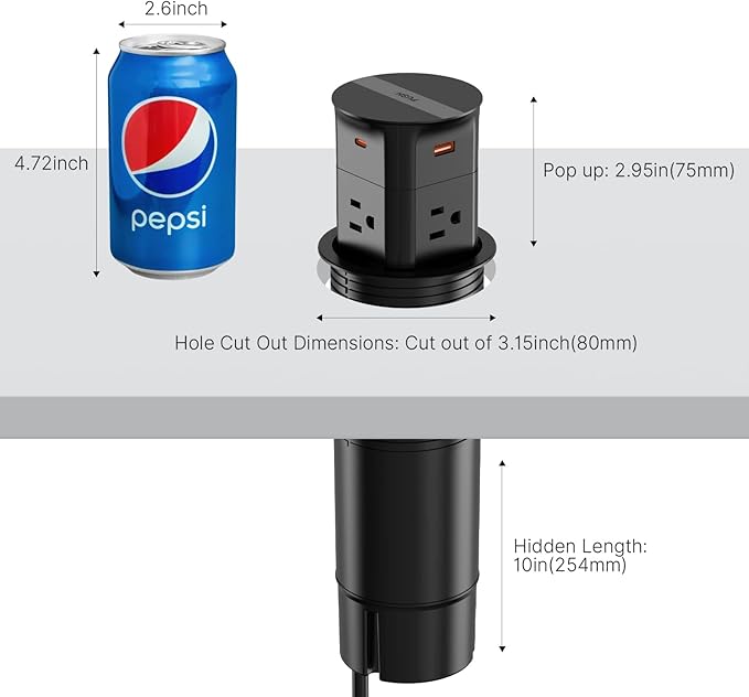 Pop up Outlet for Countertop, PD 20W USB C Fast Charging, 3.15" Desk Grommet