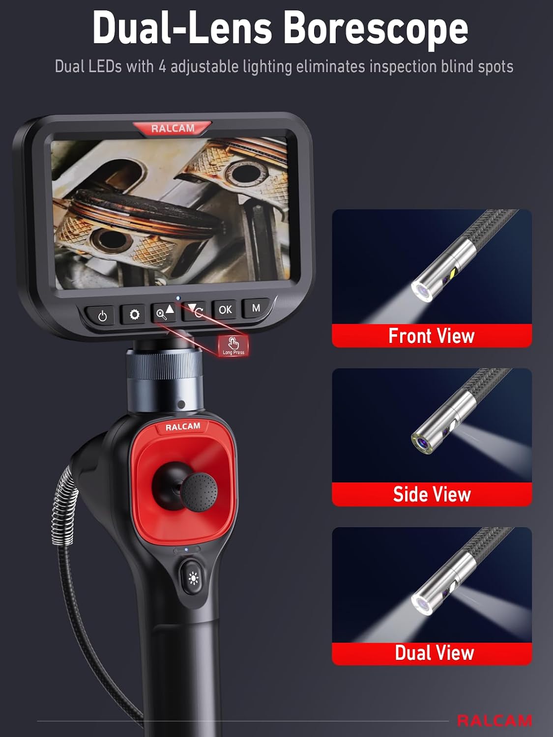 ralcam 360° articulating borescope dual lens, 0.25in slim, side view