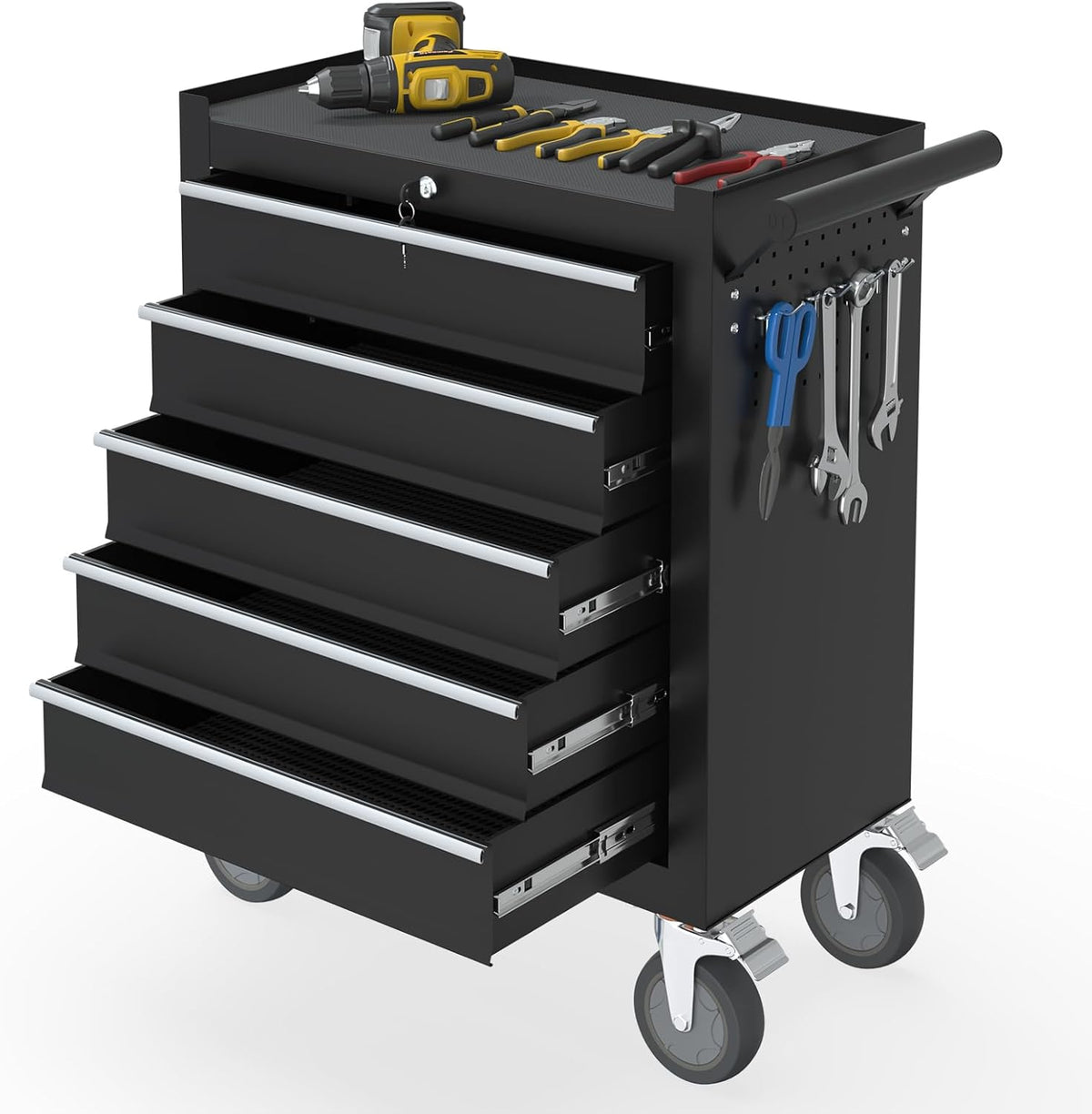 5 Drawers Rolling Tool Chest with Wheels, Portable Rolling Tool Boxes with Wheels, Tool Box Storage Cabinet with Locking System for Garage (Black, 5 Drawers)