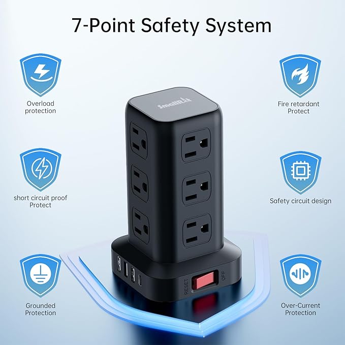 PD20W Surge Protector Power Strip Tower, 15FT Extension Cord