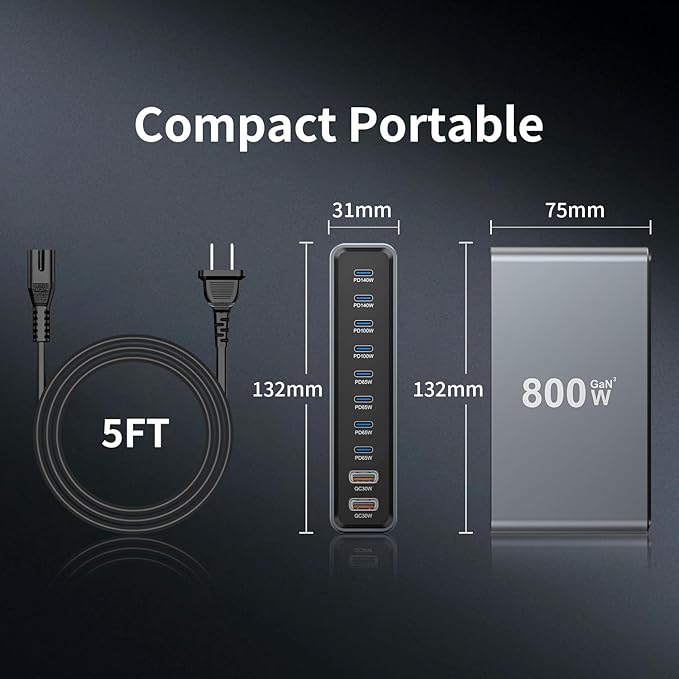 800W GaN3 10-Port USB-C Charging Station