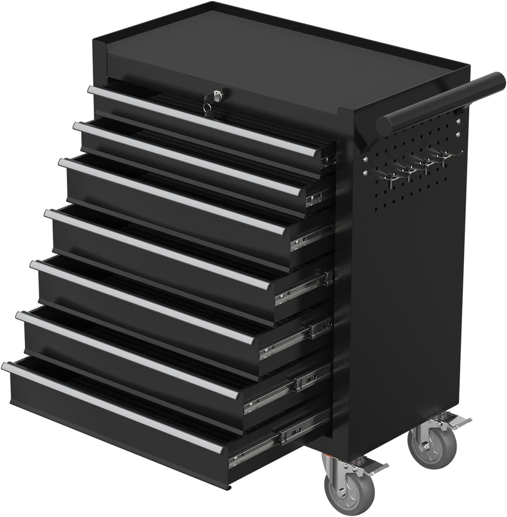 7-Drawer Rolling Tool Chest with Wheels, Metal Tool Storage Cabinet with Lock&Keys and Swivel, Toolbox with drawers, Tool Box for Warehouse,Garage, Repair Shop, Workshop (Black, 7-Drawer)