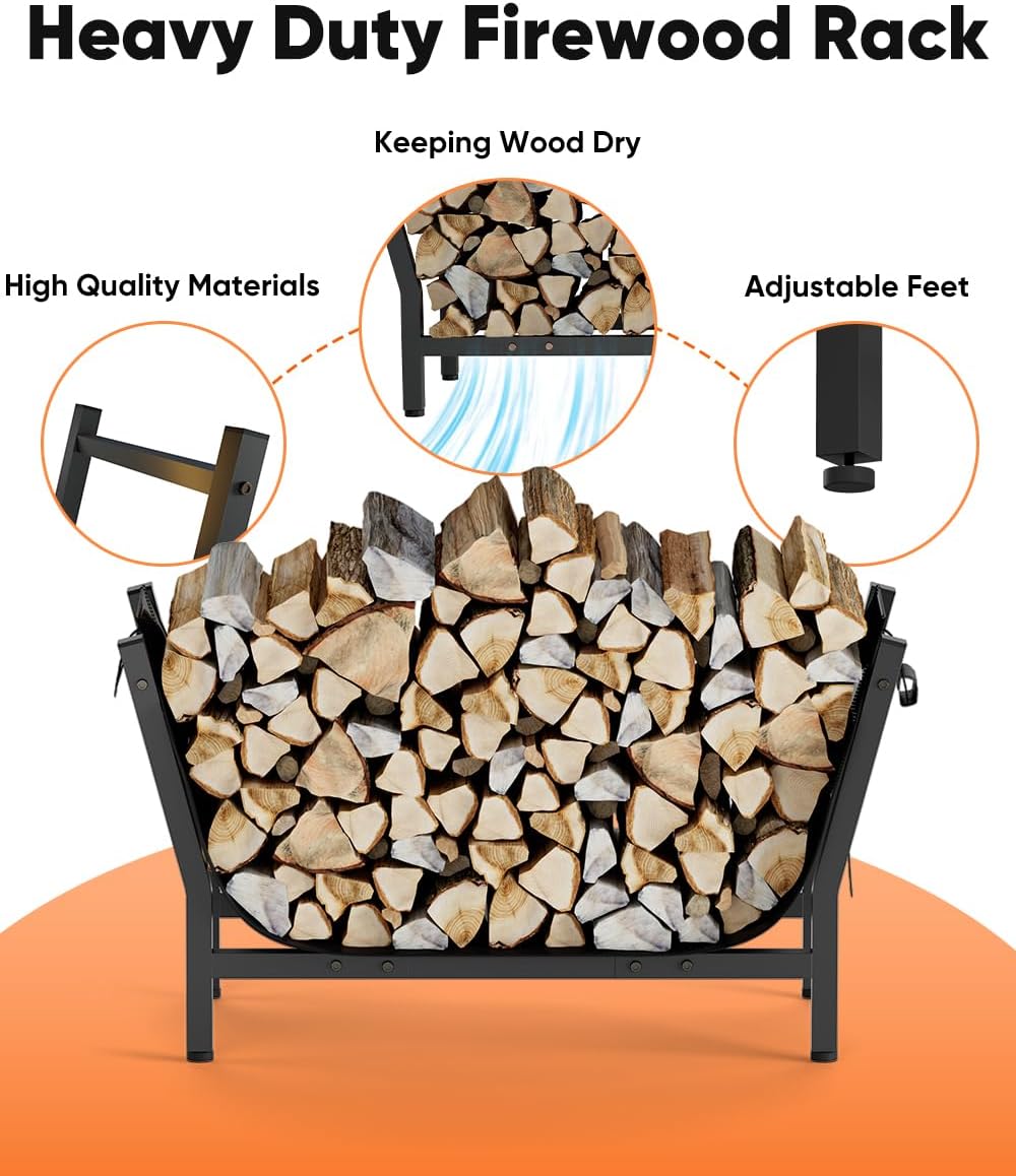 28 Inch Firewood Rack with 900D Canvas Log Carrier Bag, Outdoor Indoor Log Holder for Fireplace, Heavy Duty Fire Wood Log Stand, Wood Pile Stacker Storage Organizer Tool for Patio Deck, Black