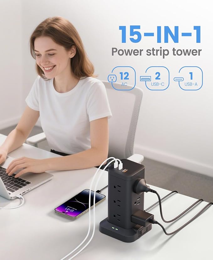Power Strip Tower with Surge Protector 1800J, Fast Charging Tower PD20W USB-C