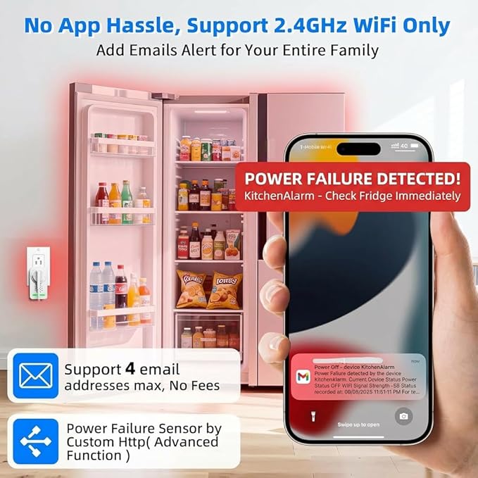 Power Failure Alarm WiFi with 4 Email Addresses, Loud 120dB Smart Power Outage