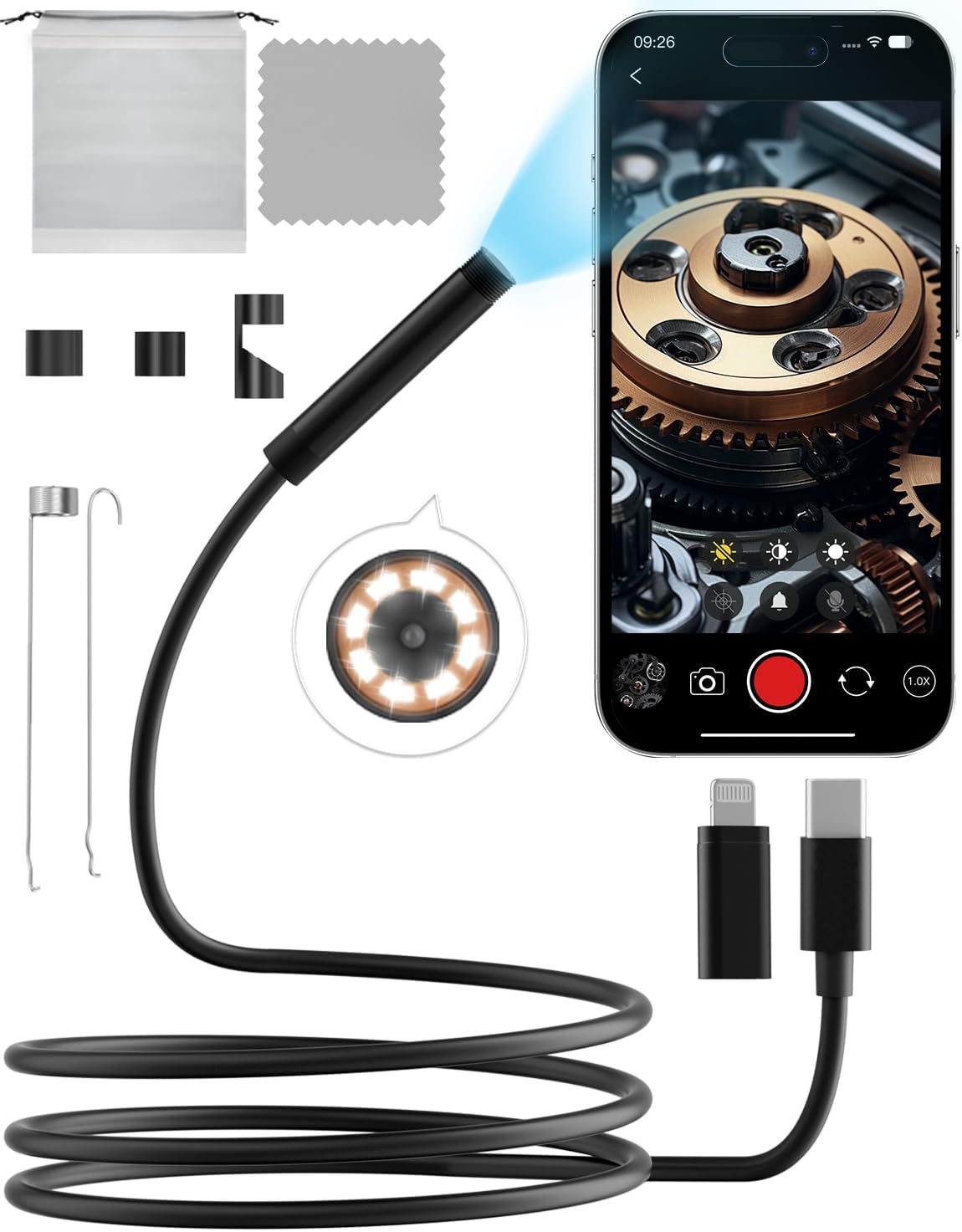 endoscope camera with light,1920p hd endoscope with 5.9ft shown in use