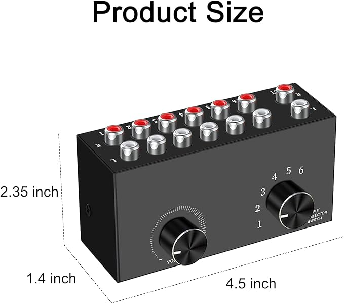 6-Way Audio Switcher, Right and Left Channel Stereo Audio Switcher, Plug & Play