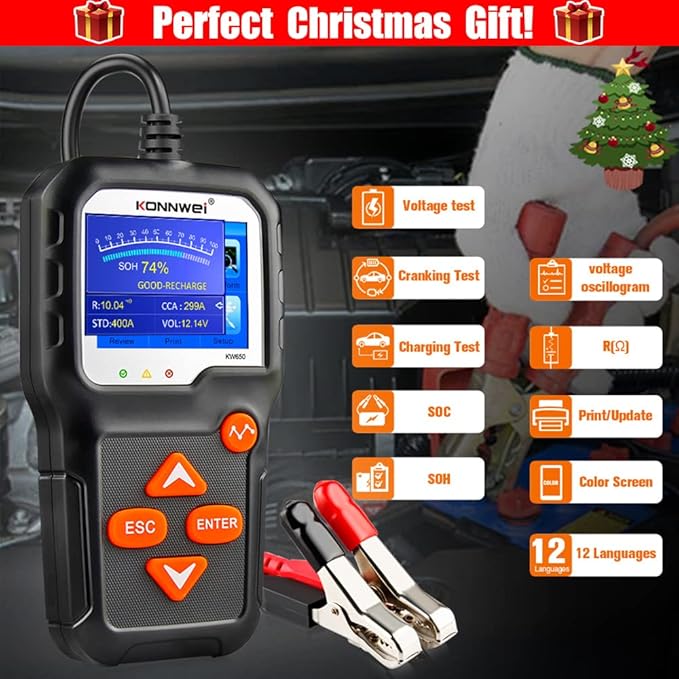 KONNWEI KW650 6V 12V Car Battery Tester, 100-2000 CCA Battery Load Tester