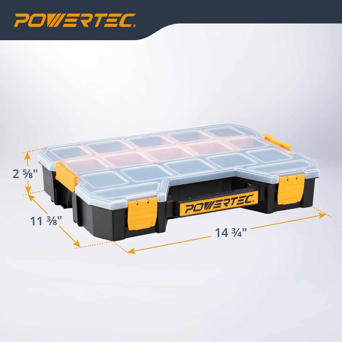 powertec stackable tool box organizer with removable dividers shown in use