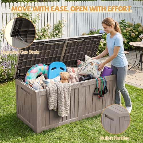 EFU Outdoor Storage Box Waterproof 390 Gal Gen 2 Resin Deck Box Gas Struts