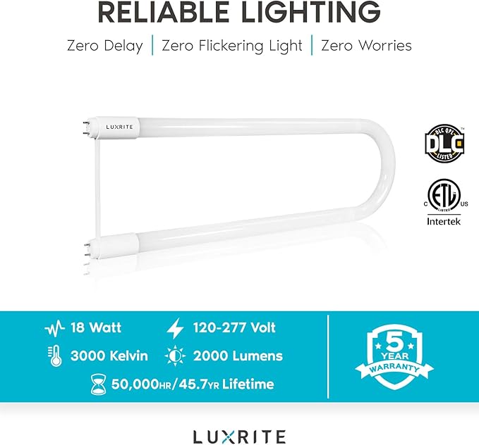 LUXRITE U Bend LED Tube Light, T8 T12, 3000K Soft White, 2000 Lumens, (6 Pack)