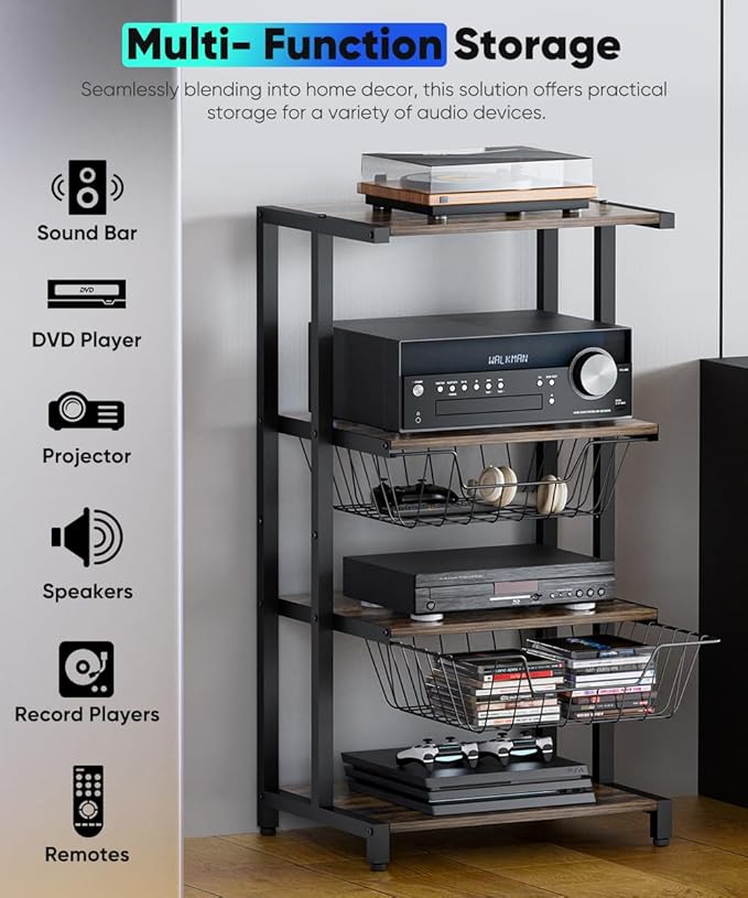 Ardier Media Stand with Two Detachable Baskets, 4-Tier AV Media Stand Corner