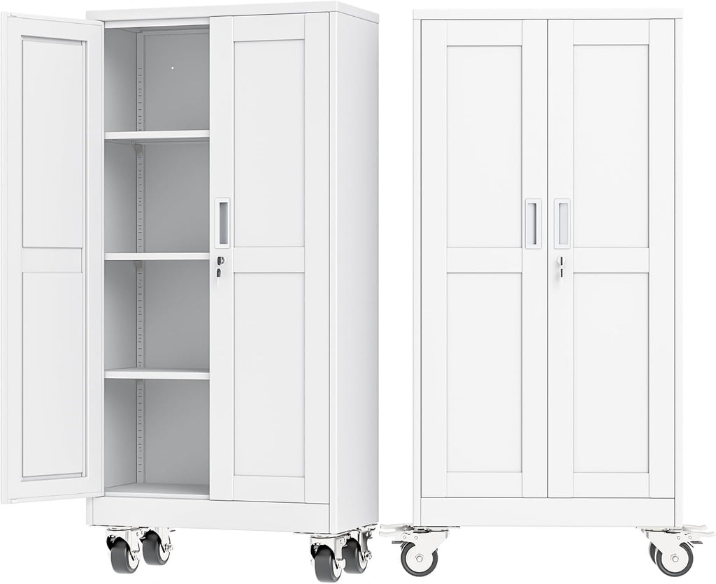 Ckzbx Metal Garage Storage Cabinet with Locking Doors and Adjustable Shelves,61" H Rolling Tool Storage with Wheels for Garage,Office (White)