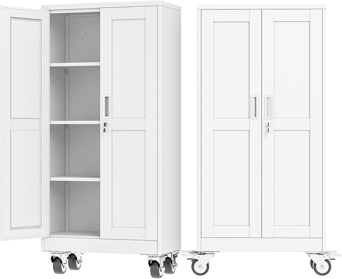 Ckzbx Metal Garage Storage Cabinet with Locking Doors and Adjustable Shelves,61" H Rolling Tool Storage with Wheels for Garage,Office (White)