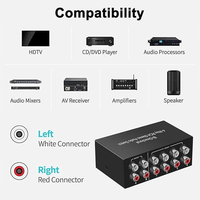 Y.D.F 4-Way Bi-Directional RCA Switch, HiFi AV L/R Sound Channel 2 in 4 Out or