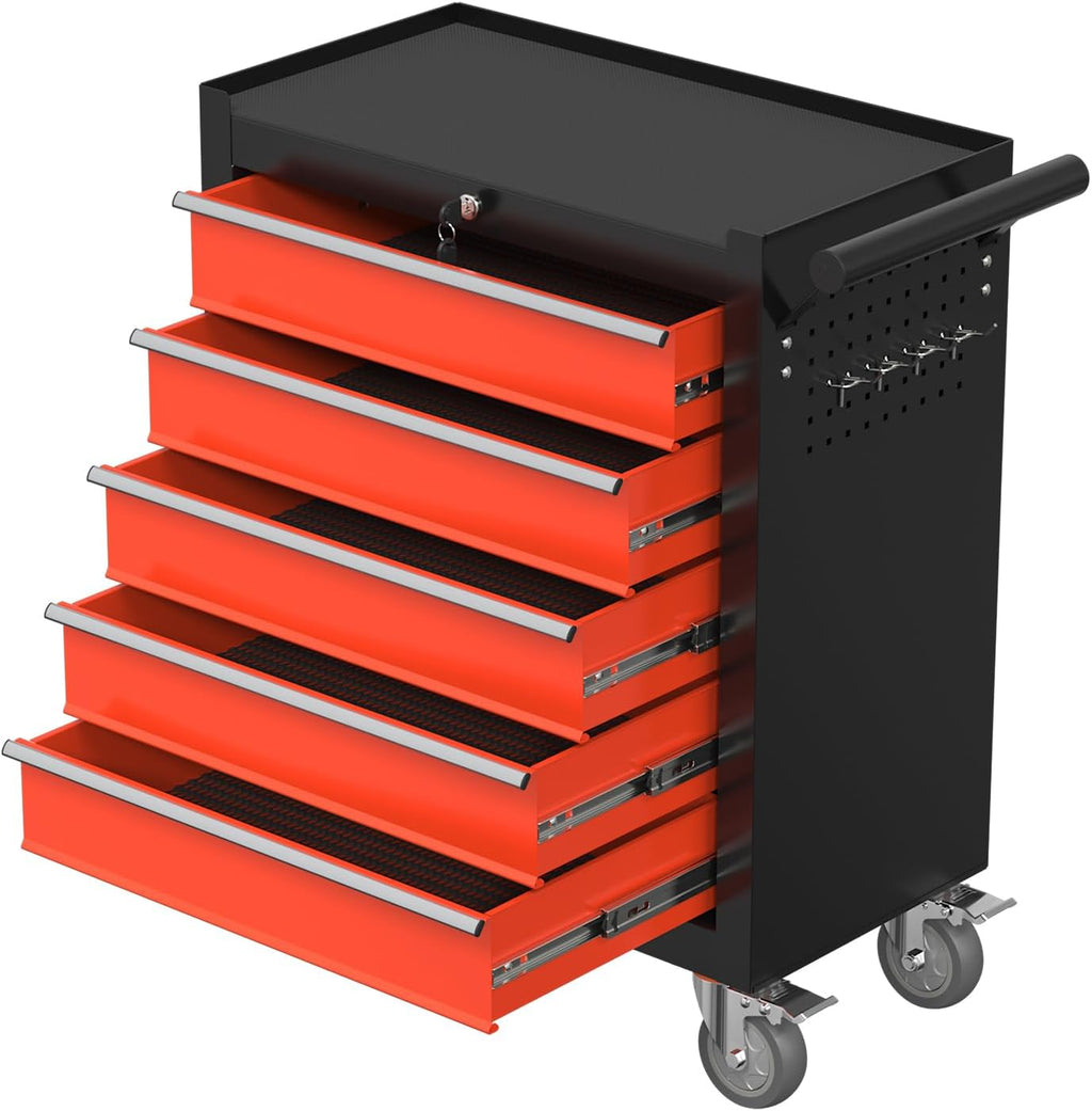 5-Drawer Rolling Tool Chest with Wheels, Metal Tool Storage Cabinet with Lock&Keys and Swivel, Toolbox with drawers, Tool Box for Warehouse, Repair Shop, Workshop (Blackred, 5-Drawer)