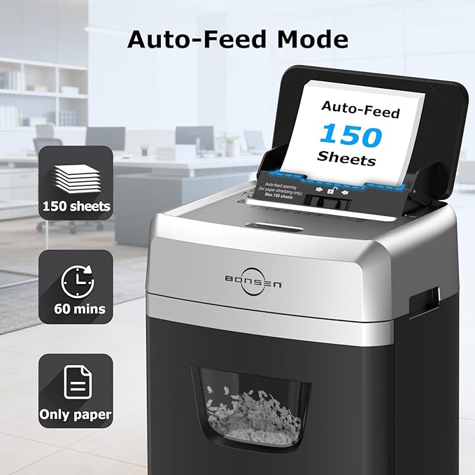 BONSEN 150-Sheet Autofeed Paper Shredder Heavy Duty, 60 Mins Micro-Cut Shredder