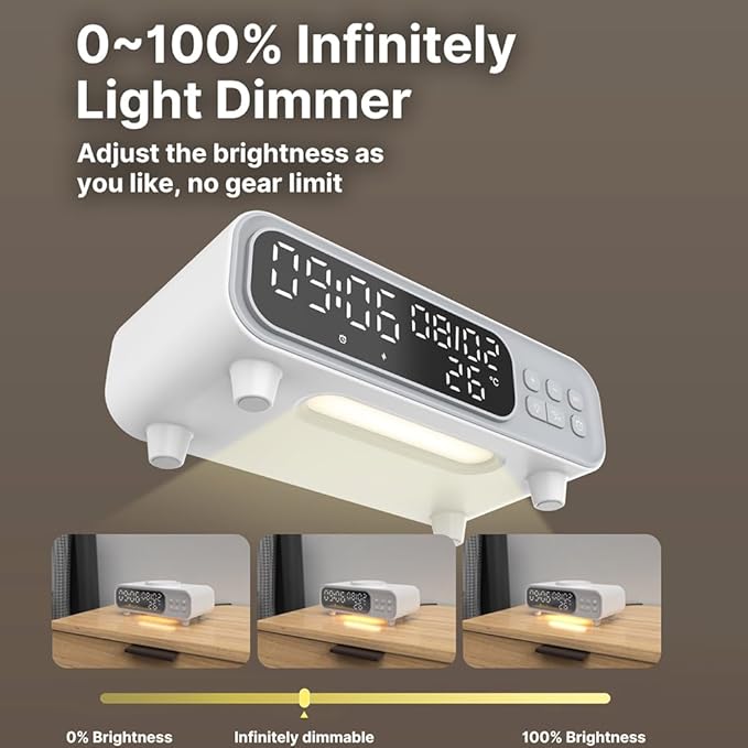 IHAO 5in1 Alarm Clock with Wireless Charging Night Light 15W Fast Charger