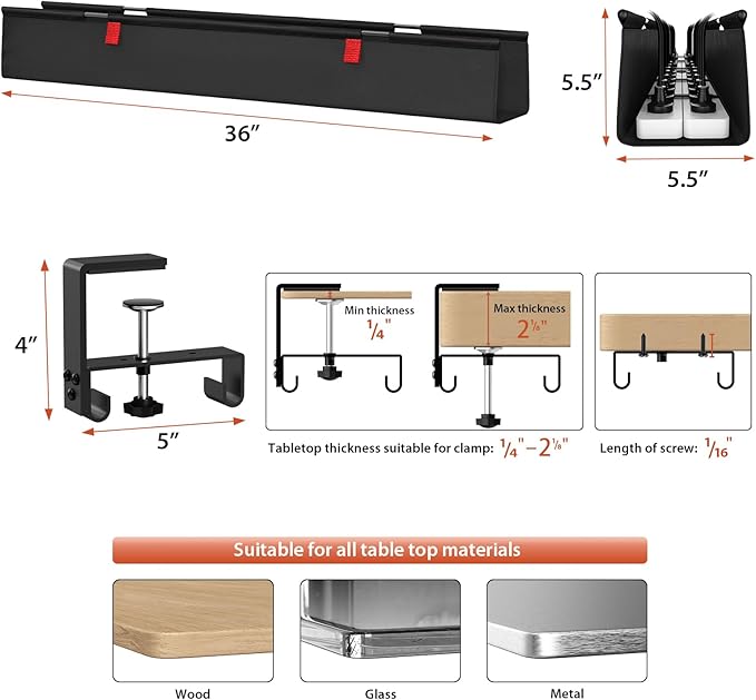 Univivi No Drill Under Desk Cable Management Tray, Clamp/Screw Mount Desk Cable