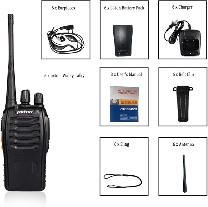 pxton Two Way Radios Long Range Walkie Talkies (6 Pack)