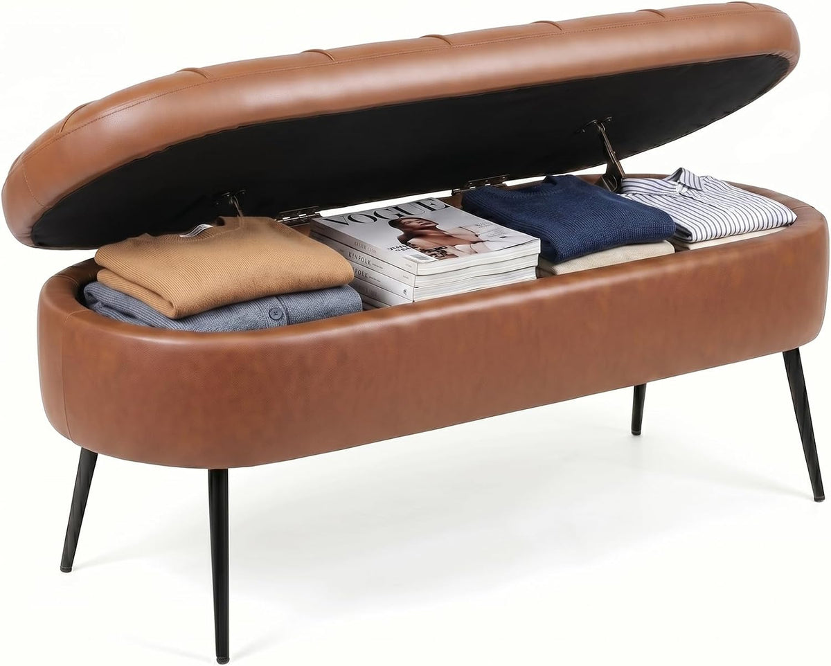 Storage Ottoman Bench, 43.7"PU Leather End of Bed Bench Walnut Brown