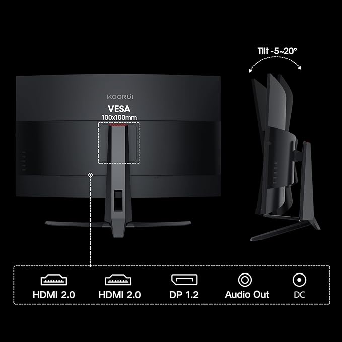 KOORUI 32 inch Curved Gaming Monitor, QHD 2K 170Hz 144Hz Monitor, 1ms 1500R