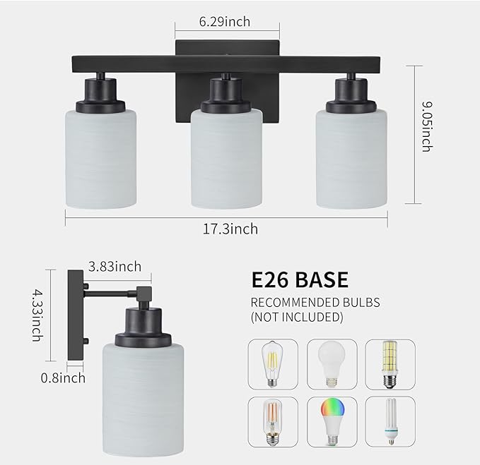 DIKAIDA 3-Light Bathroom Light Fixtures Over Mirror, Modern Matte Black Vanity