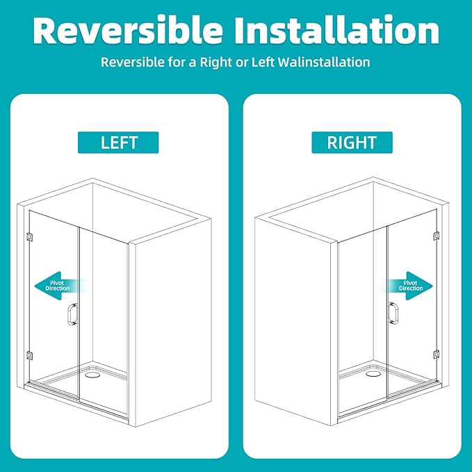 Pivot Swing Shower Door, Adjustable Width 48" W x 74" H Semi-Frameless Shower