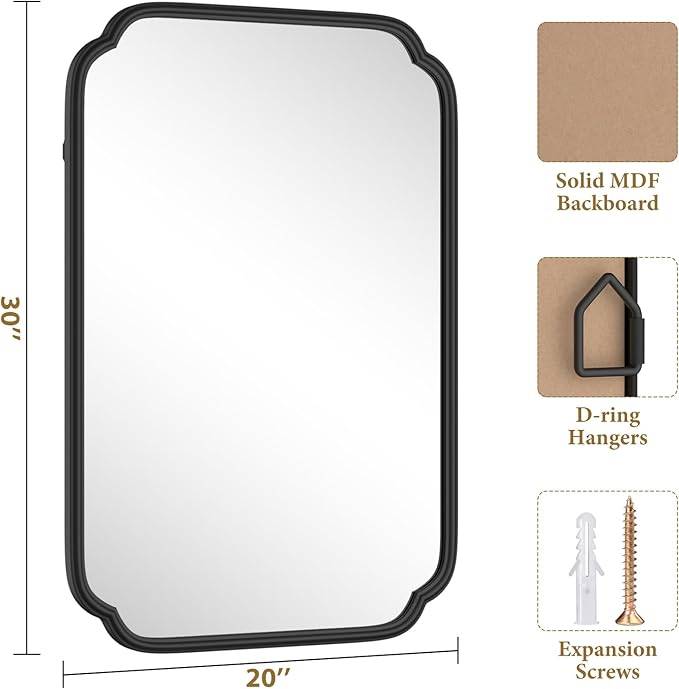 Black Bathroom Mirror for Over Sink 20" x 30" Modern Rounded Rectangle Bathroom