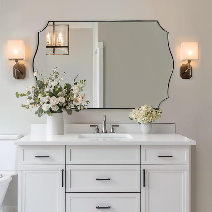 ANDY STAR Chrome Bathroom Mirror, 24x40 Inch Polished Silver Scalloped Mirror