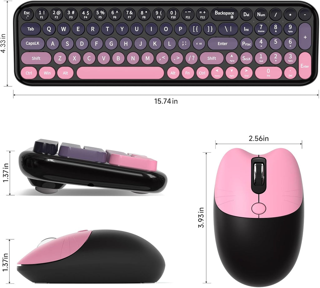 MOFII Wireless Keyboard and Mouse Combo, Compact Typewriter Retro Round Computer Keyboard and Mouse Set, Plug and Play, for Windows, Computer, Desktop, PC, Notebook - (Plum Pink Gradient)
