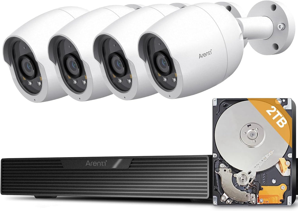 ARENTI 8MP PoE IP Camera Outdoor Security System, 4 Pack 4K Bullet Cameras with H.265 8CH NVR and 2TB HDD, add Extra 4 Cameras to get 8 Cameras, AI Human Vehicle Pet Package Detection, 24/7 Recording