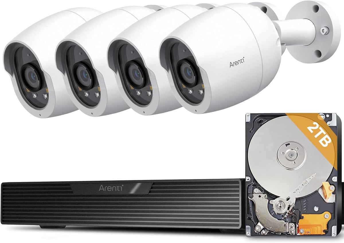 ARENTI 8MP PoE IP Camera Outdoor Security System, 4 Pack 4K Bullet Cameras with H.265 8CH NVR and 2TB HDD, add Extra 4 Cameras to get 8 Cameras, AI Human Vehicle Pet Package Detection, 24/7 Recording
