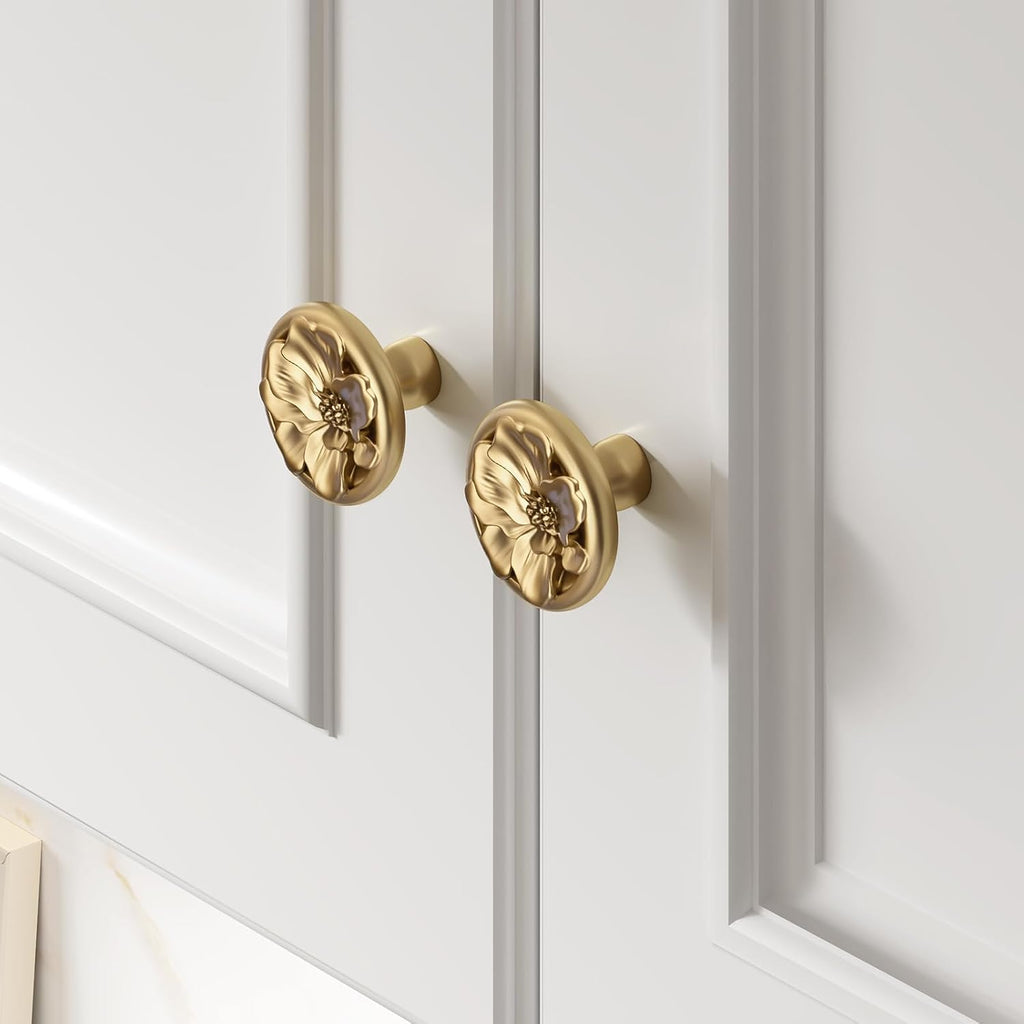 Rergy Cabinet Knobs for Drawer Dresser Closet Flower Shape 12 Pack, Solid Lemon Gold Drawer Knobs, Brushed Brass Zinc Alloy Cabinet Hardware for Cupboard Drawers Dressers